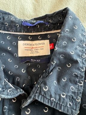 Denim & Flower Navy Button-Down Shirt with White Horseshoe Print